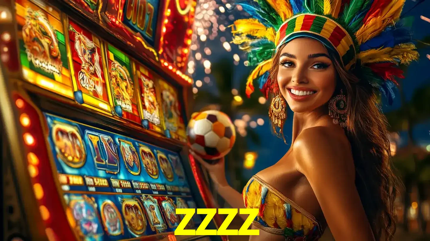 Mulher com um cocar de carnaval ao lado de uma máquina de caça-níqueis enquanto segura uma bola de futebol, mostrando a união da diversão de cassino e esportes no zzzz.