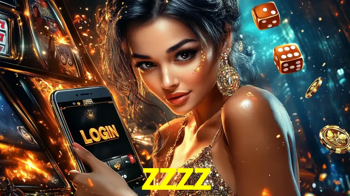 Mulher glamourosa segurando um celular com a tela de login do cassino zzzz, rodeada por dados e moedas douradas, pronta para começar a diversão.