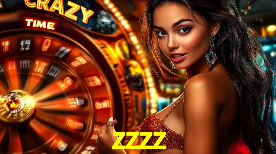 Mulher ao lado da roda de prêmios do jogo de cassino ao vivo Crazy Time, um dos shows de jogos mais emocionantes oferecidos pela plataforma de apostas zzzz.