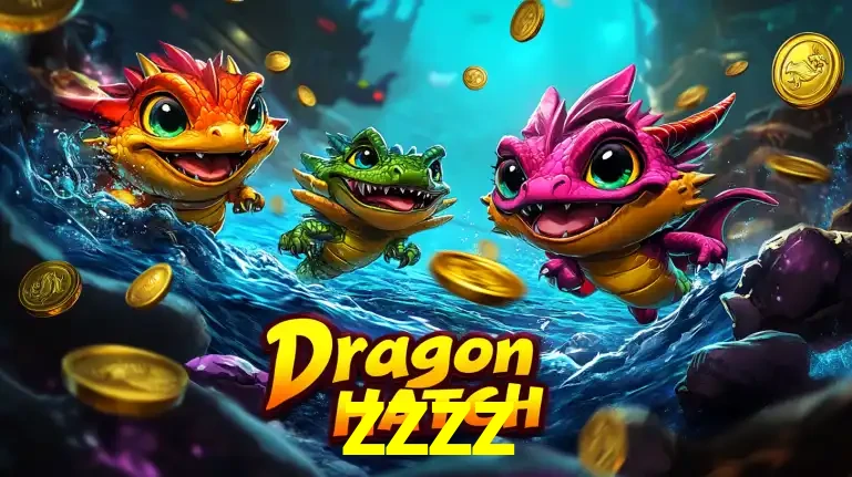 Arte promocional do jogo Dragon Hatch com três adoráveis dragões bebês nadando entre moedas de ouro, um dos slots mais divertidos para jogar no cassino zzzz.