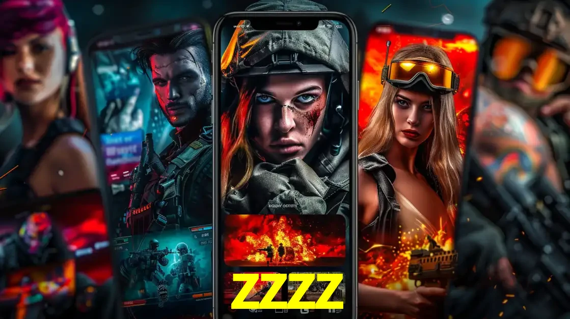 Montagem de telas de celular mostrando diversos personagens, masculinos e femininos, de um jogo de tiro, ilustrando a diversidade de equipes de e-sports para apostar no zzzz.