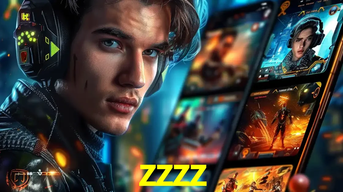 Jovem jogador com fones de ouvido olhando para a câmera, com um aplicativo de jogos e e-sports para celular ao fundo, pronto para a competição e apostas no zzzz.