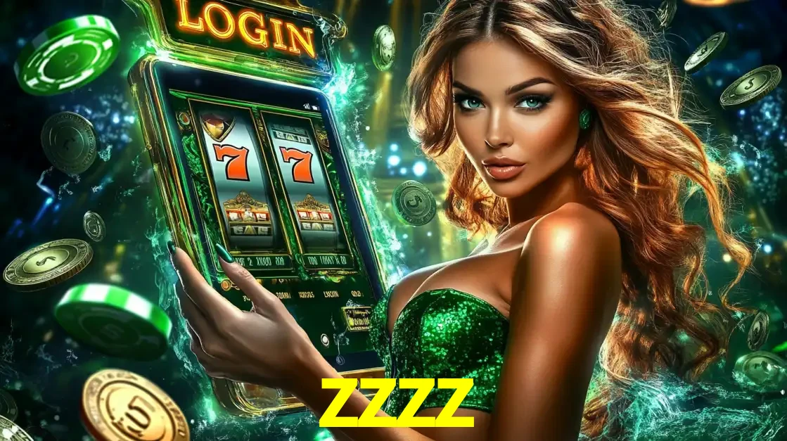Mulher com tema verde apresentando o aplicativo do cassino zzzz com um jogo de slot de 777, cercada por fichas de cassino e uma aura de sorte.