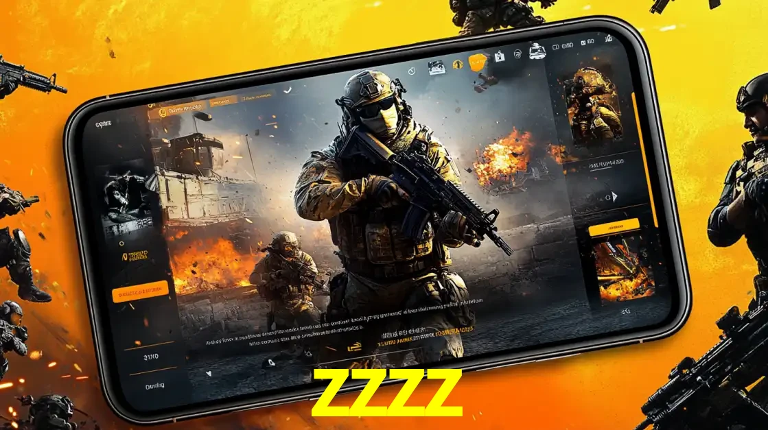 Um smartphone exibindo a interface de um jogo de tiro em primeira pessoa, com um soldado em um cenário de batalha, representando a ação dos e-sports para apostar no zzzz.