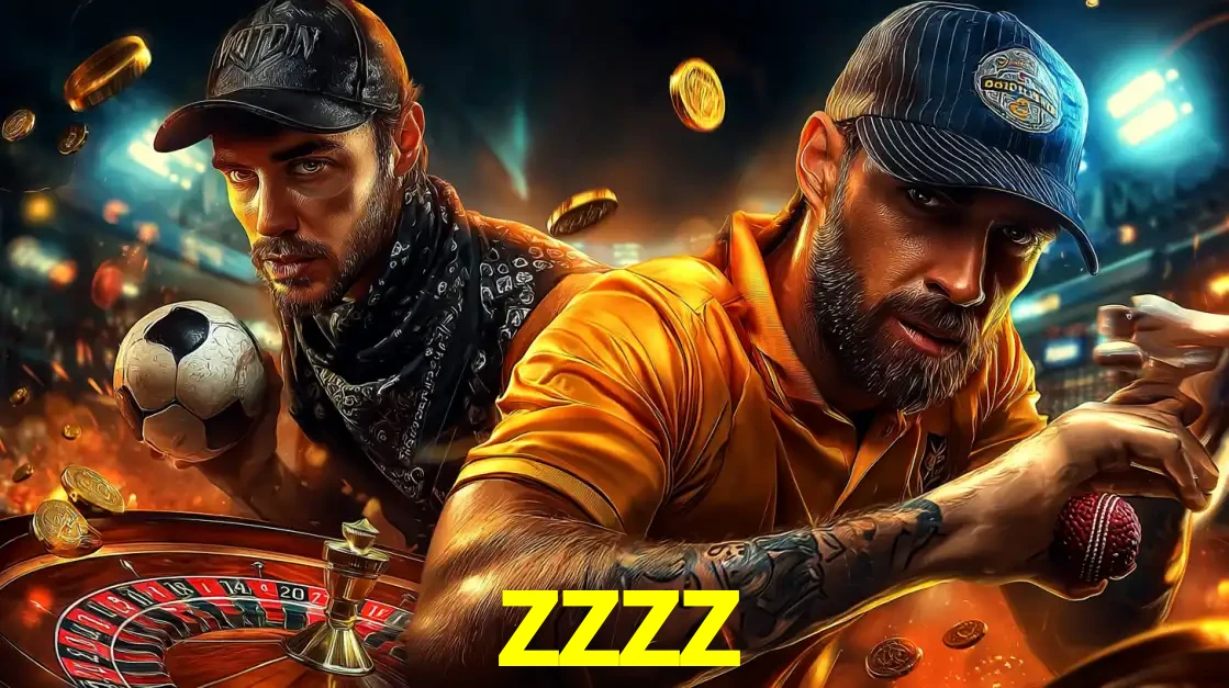Montagem de apostas esportivas e cassino no zzzz, com um homem segurando uma bola de futebol e outro uma de beisebol sobre uma roleta e moedas voadoras.