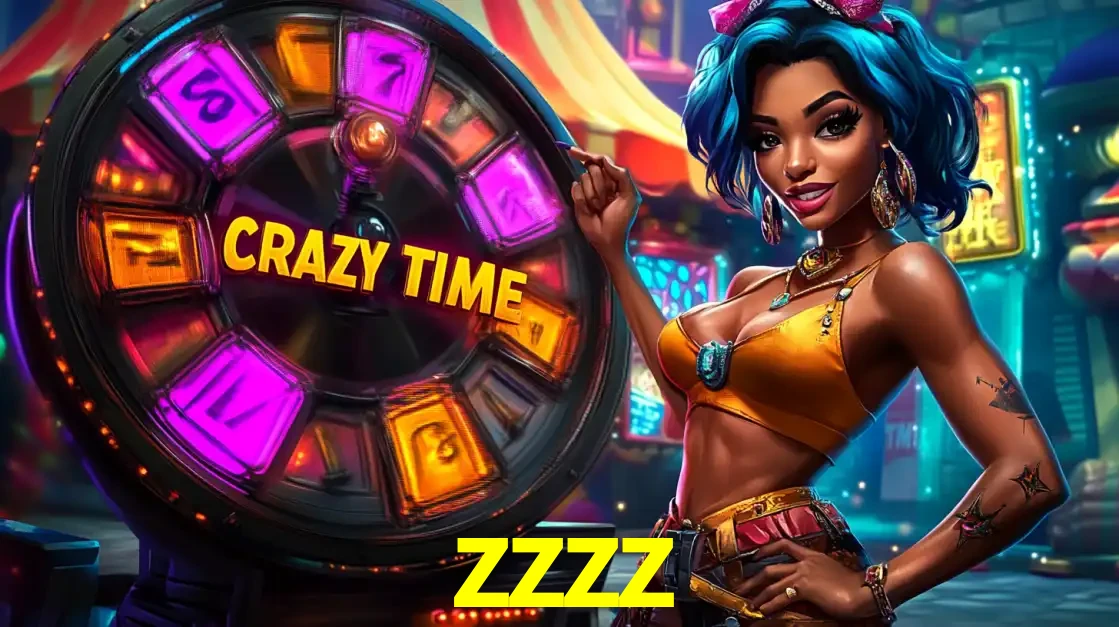 Mulher estilizada com cabelo azul e visual vibrante posando ao lado da roda de prêmios do game show Crazy Time, convidando para a diversão e os bônus do cassino zzzz.