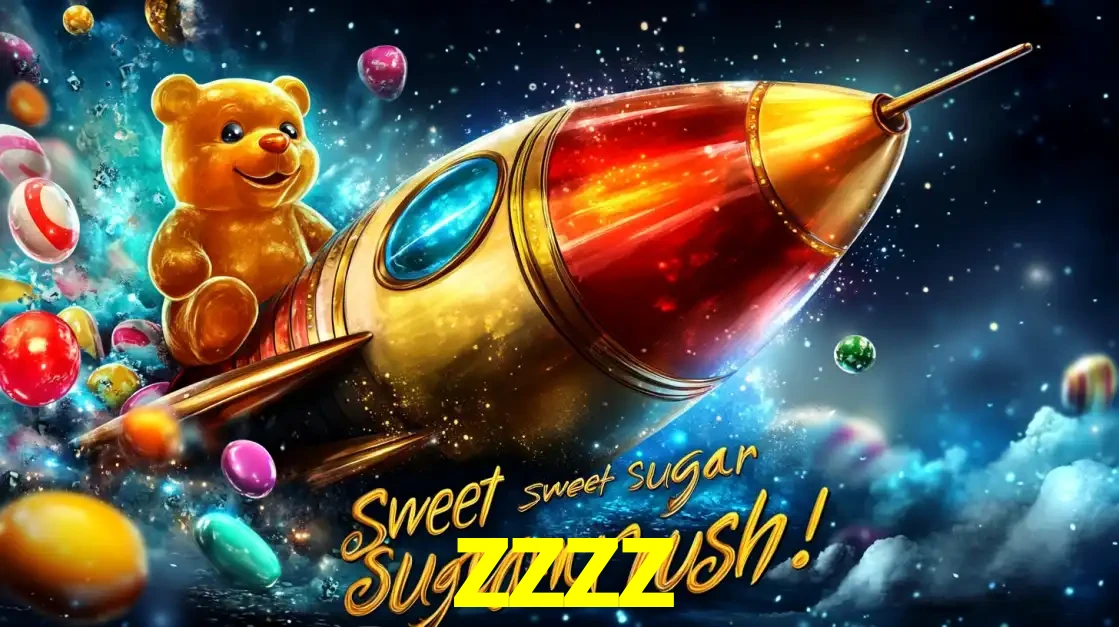 Arte promocional do jogo de slot Sugar Rush, com um urso de pelúcia em um foguete viajando pelo espaço de doces, um dos jogos divertidos disponíveis no cassino zzzz.