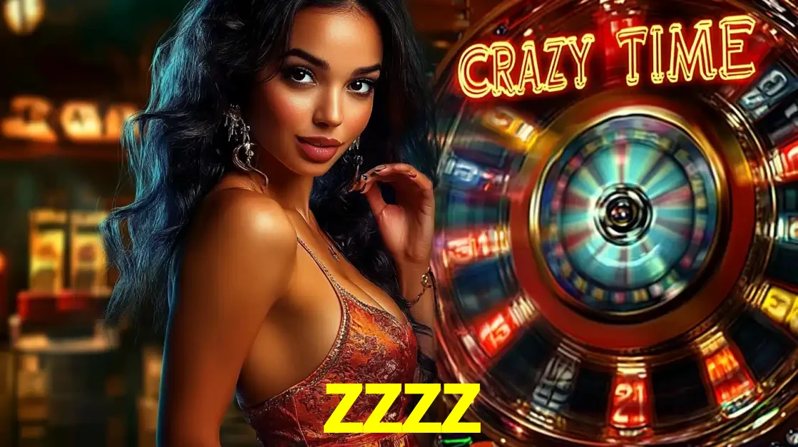 Mulher elegante ao lado da vibrante roda da fortuna do jogo de cassino ao vivo Crazy Time, um dos game shows mais populares e cheios de prêmios do zzzz.
