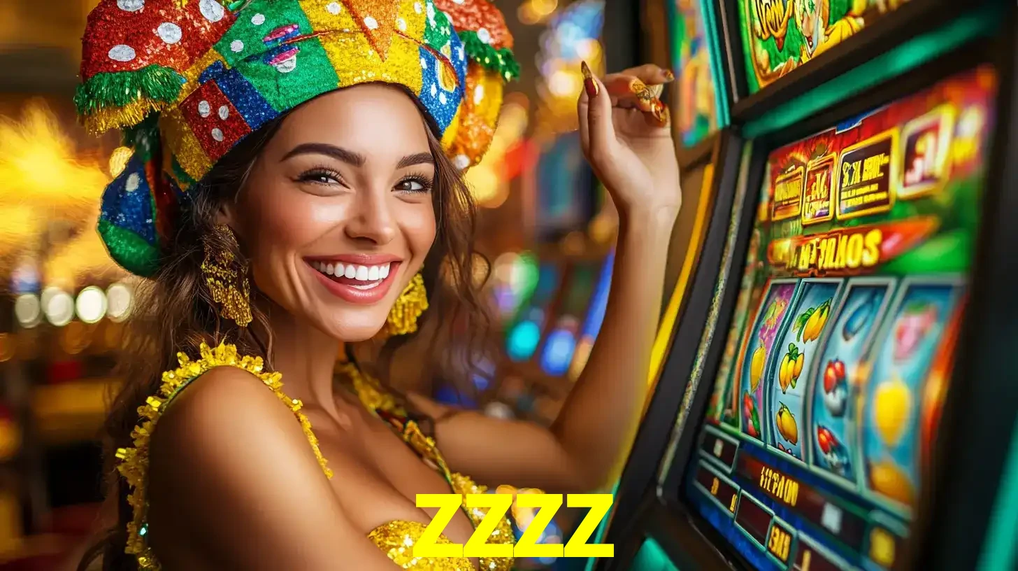 Mulher feliz com traje de carnaval amarelo e colorido ao lado de uma máquina de caça-níqueis, aproveitando a diversão e os jogos temáticos do cassino zzzz.