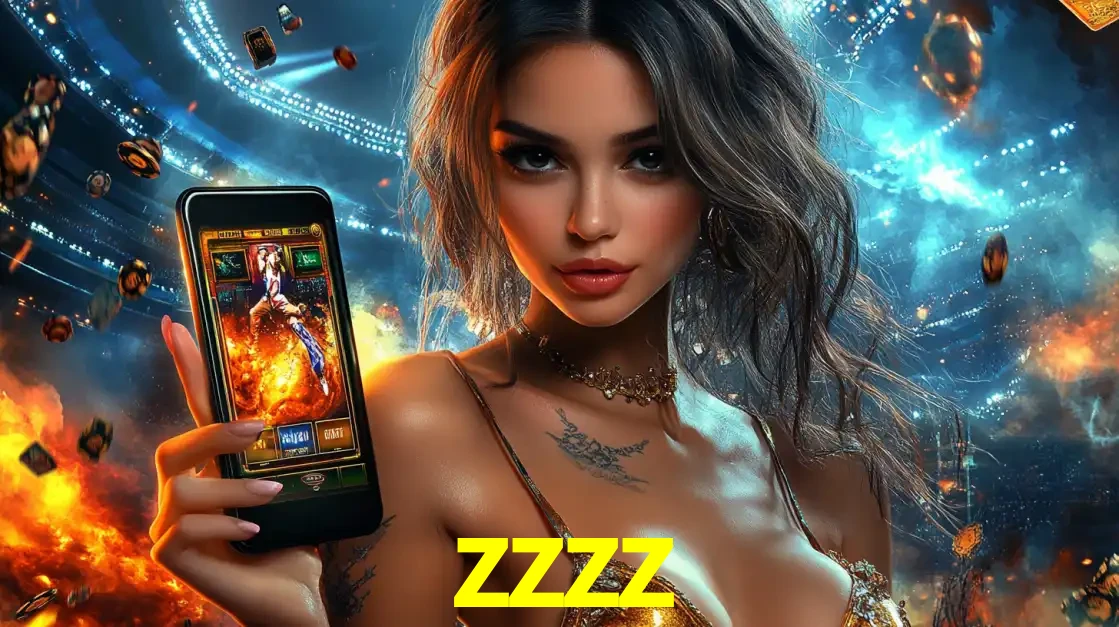 Mulher segurando um celular com um jogo de slot em destaque, tendo como fundo um estádio vibrante, simbolizando a emoção de jogar no cassino móvel zzzz.