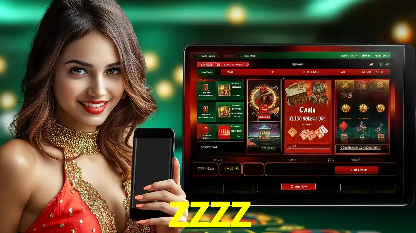 Mulher sorridente segurando um smartphone, ao lado de uma tela exibindo o lobby de jogos do cassino online zzzz, com várias opções de jogos de cartas e slots.